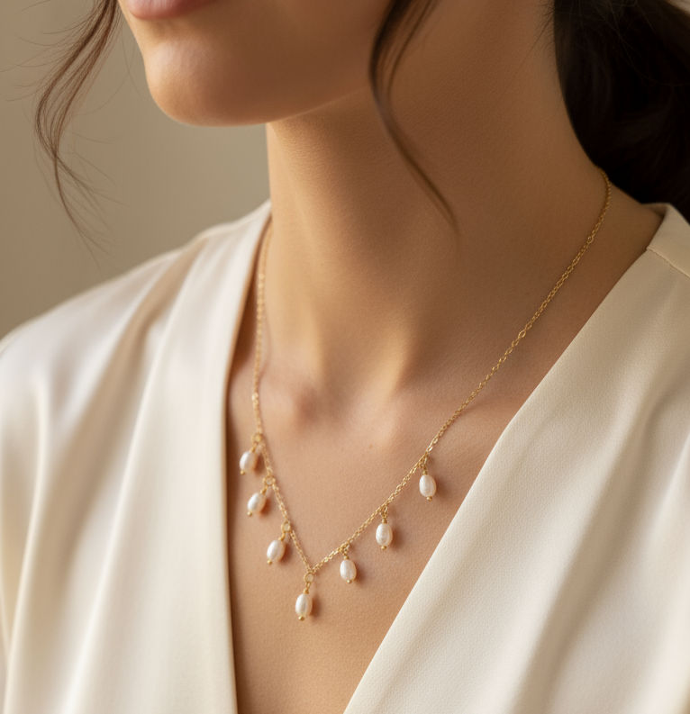 Pearl necklace worn by a person in a neutral setting