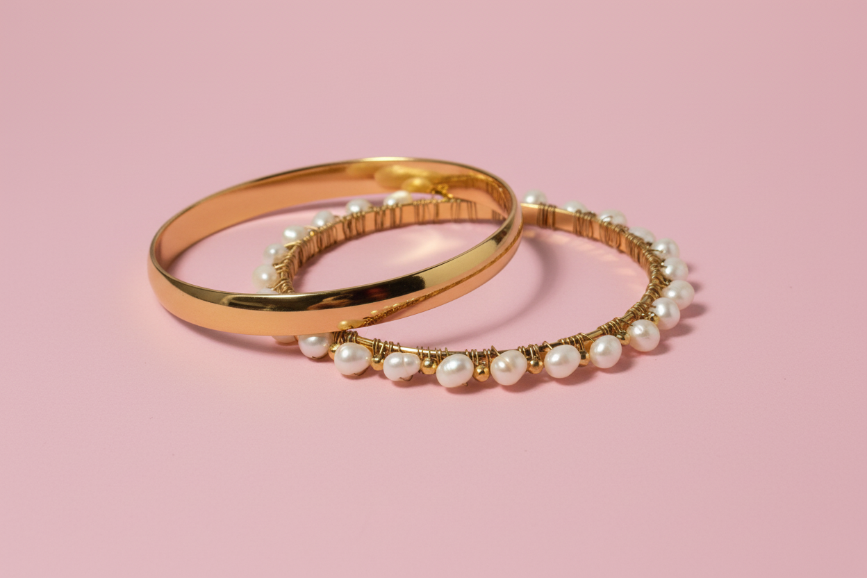 Two gold bangles with pearl accents on a light background